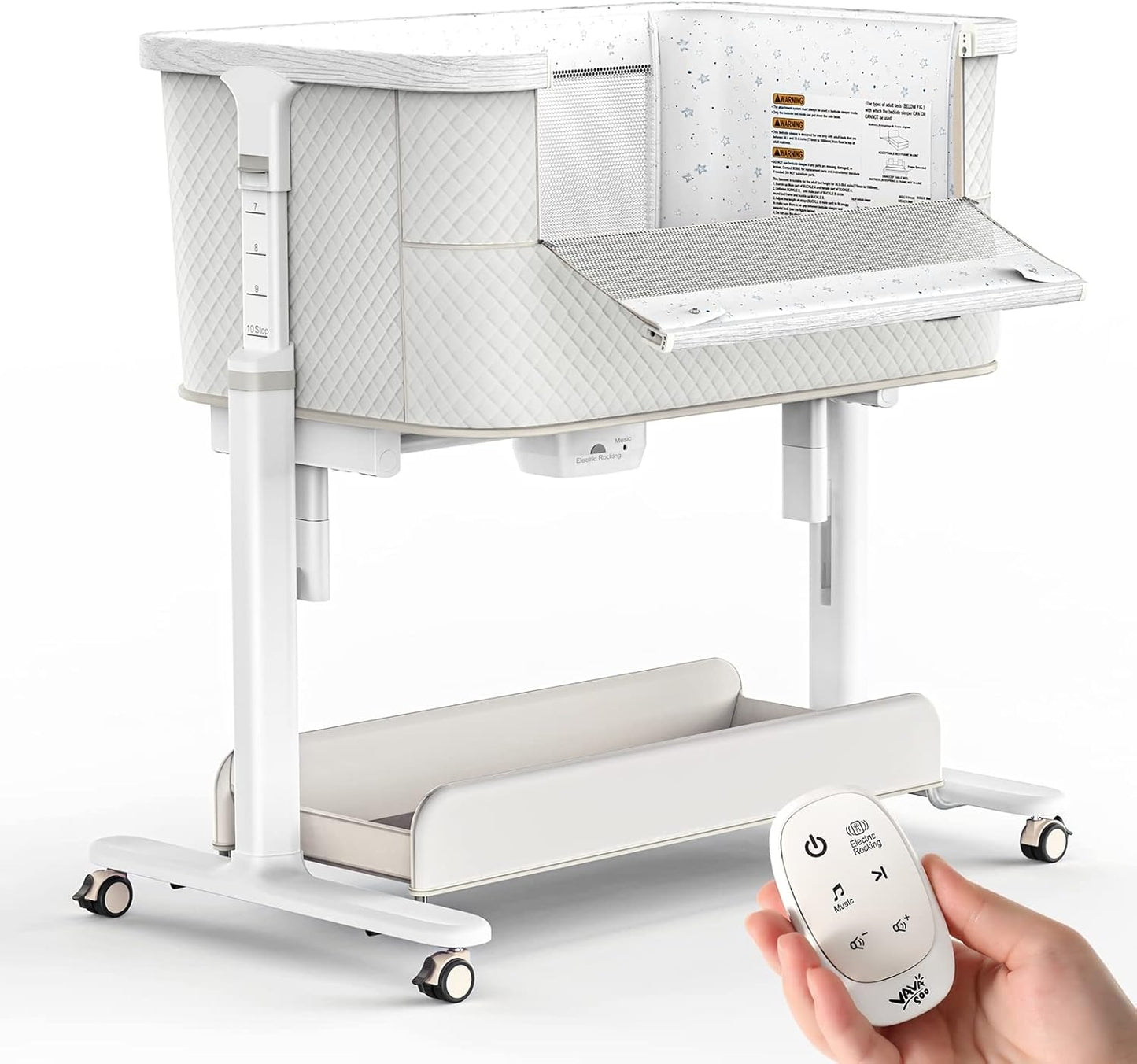 VaVaSoo Electric Rocking Bassinet for Baby Automatic Bedside Sleeper Rocks Itself 3 Speeds Auto Rolling Newborn Cradle 5 Height Adjustable with Music, Wheels, Storage, Dark Grey