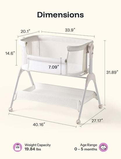 HARPPA Cuddly Sway Baby Bassinet Bedside Sleeper, 3 in 1 Rocking Bassinet with Mattress and Soft Cover, Full Mesh Sides, 5 Height Adjustable with Wheels for Newborns, Beige