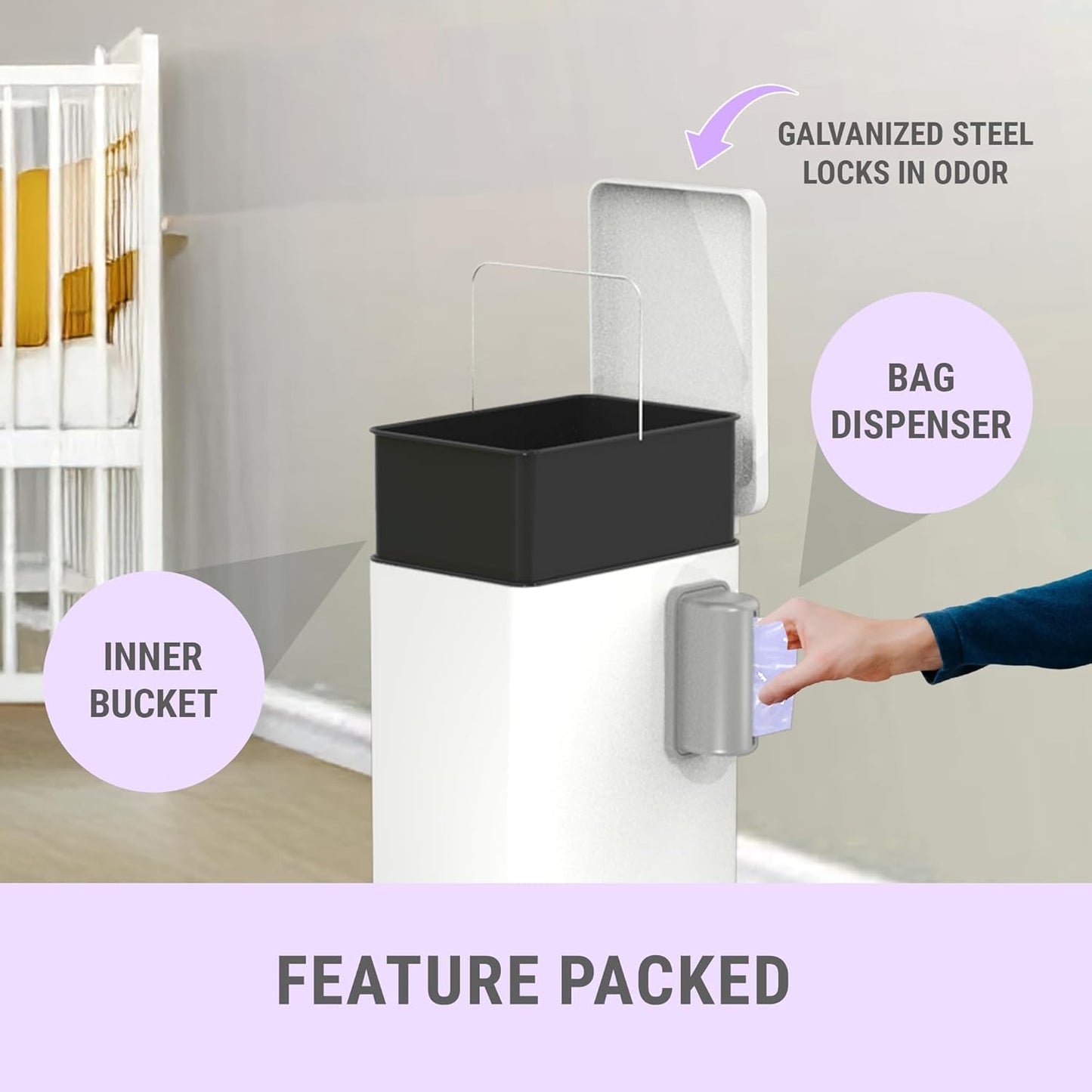 Sliq Baby Diaper Trash Can Odor Control, Small Diaper Pail, 3.2 Gal Baby Trash Can for Diapers, Disposal Bin for Nursery Garbage Pail, Anti Odor Bin with 30 Lavender Scented Refills