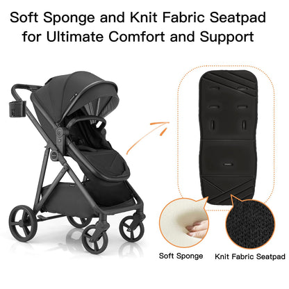 Gromast 3-in-1 Baby Stroller, Convertible Stroller for Newborn Infant Toddler with Reversible Seat, UPF 50+ Canopy & Cup Holder - Black