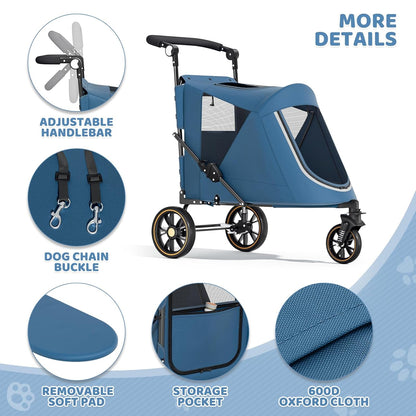 Magshion Compact Pet Stroller for Small-Medium Dogs/Cats up to 22lbs, 4-Wheel Lightweight Umbrella Shaped Portable Puppy Travel Jogger with Breathable Mesh, Cup Holder & Rear Storage, Black