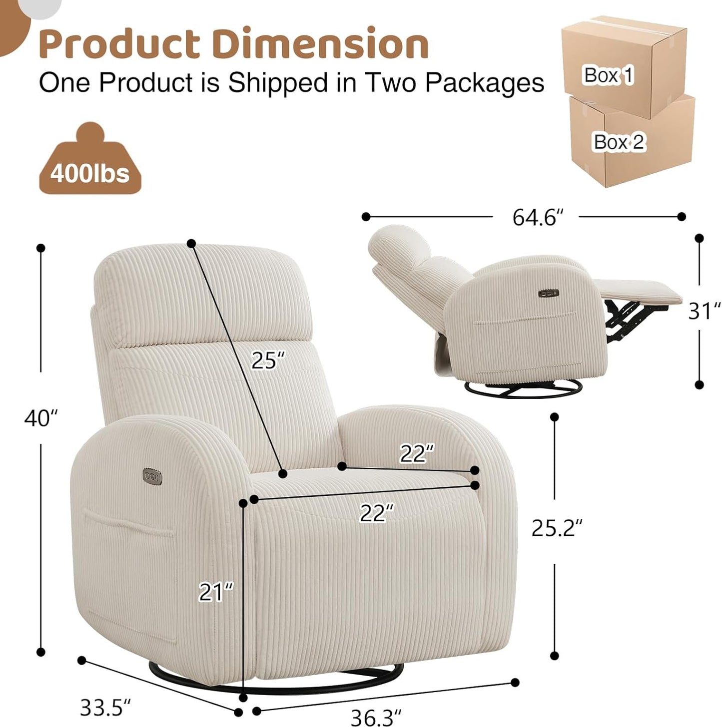 Swivel Rocker Recliner Chair, Rocking Recliner for Nursery with Side Pockets, Manual Swivel Reclining Nursery Glider Chair for Breastfeeding Living Room, Camel Chenille