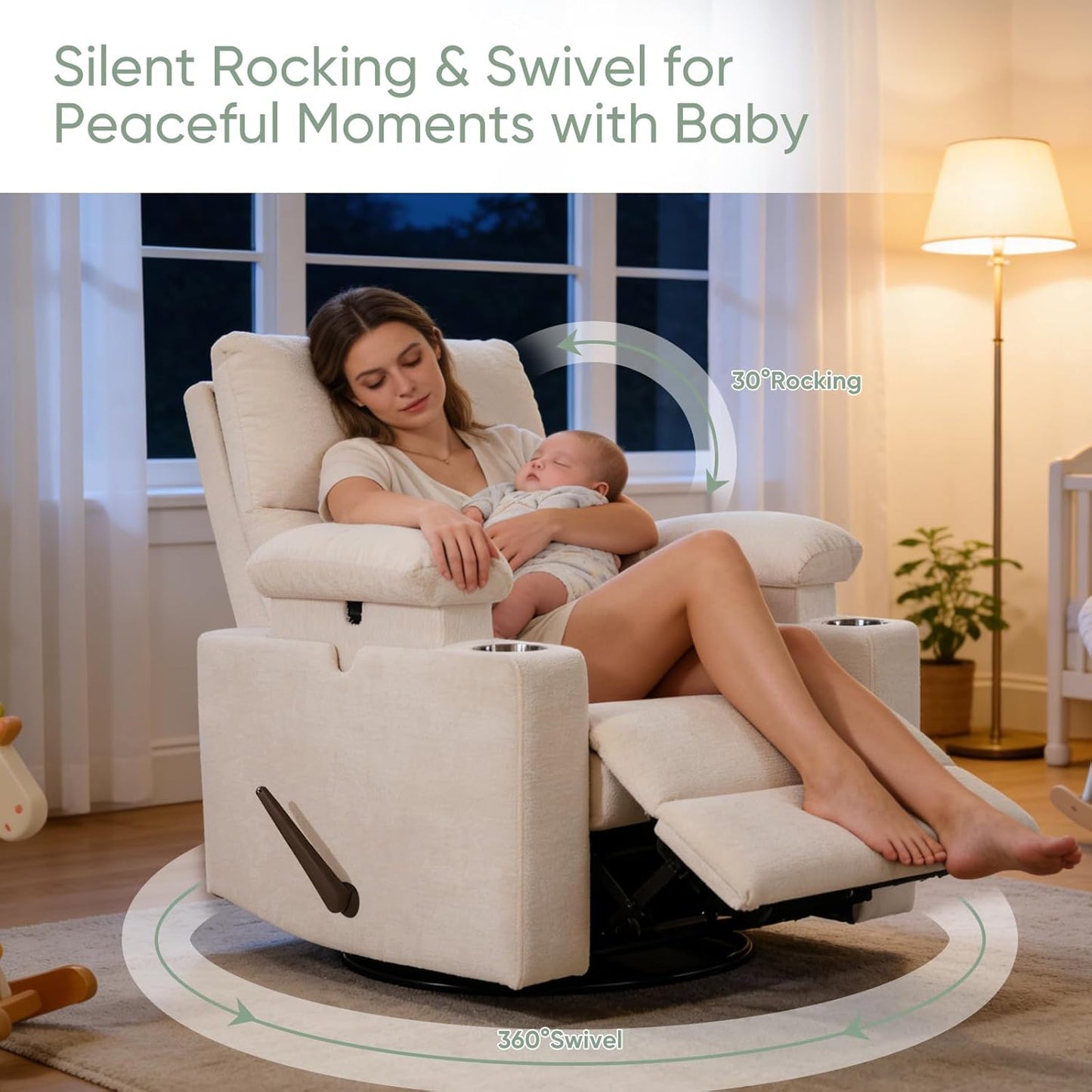 Rocking Chair Nursery with Adjustable Armrest for Breastfeeding, Glider Recliner Nursery Chair with Massage and Heat, Power Swivel Rocker Recliner with Adjustable Headrest, Corduroy, Beige