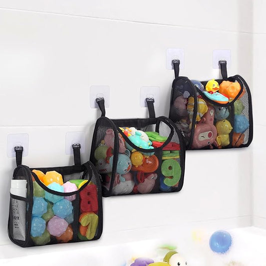 Bathtub Toy Storage, 6 Compartments Detachable Bath Toy Holder for Bathtub, Large Bath Toy Organizer, Quickly Dry Bath Toy Net Basket, Mesh Shower Caddy for Sorting Toys Toiletry - Black