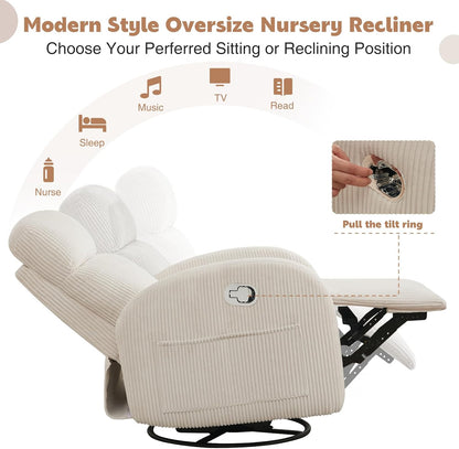 Nursery Glider Recliner, Power Swivel Rocking Recliner with USB & Type-C Port, Swivel Nursering Reclining Rocker with Double Pockets for Living Room, Camel Chenille
