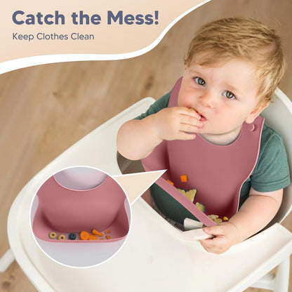 Baby Suction Plates and Bowls Set - 100% Food Grade Silicone Toddler Feeding Supplies for BLW | Stay-Put Divided Dish | Includes Bonus Bib, Cup & Soft Spoon/Fork (6-Piece)