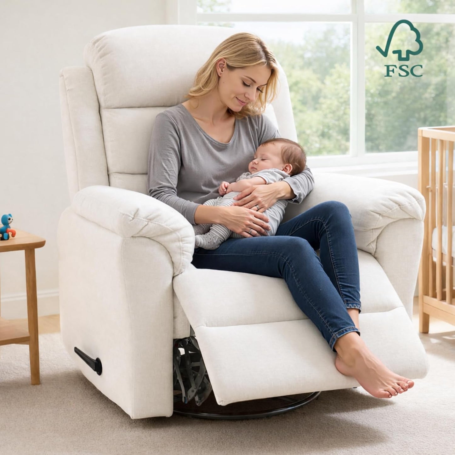 FLEXISPOT Souffle Swivel Rocker Recliner Chair for Adults, Nursery Rocking Glider Chair with Massage & Heat, FSC Wood Frame, Manual Recliner for Living Room, Nursery & Relaxation, Light Grey