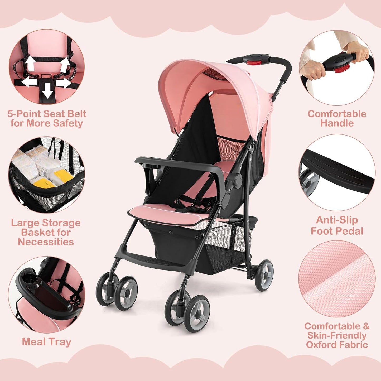 HONEY JOY Lightweight Stroller, Compact Travel Stroller for Airplane, Toddler Fold Pushchair w/Adjustable Canopy & Backrest, Storage Basket, Umbrella Stroller for Infants (Gray)