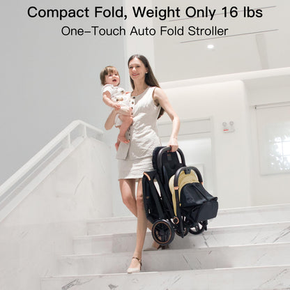 Gromast Gravity Folding Baby Stroller - Portable Travel Toddler Stroller w/Adjustable Backrest, Canopy & Cup Holder, Lightweight and UV Protected, One-Hand Automatic Folding - Green