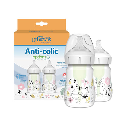 Dr. Brown's Anti-Colic Options + Wide-Neck Baby Bottle Designer Edition Dino Decos, 9oz/270mL, Level 1 Slow Flow Nipple, BPA-Free, 0m+, 2-Pack