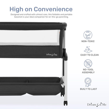Dream On Me Calypso Portable Bassinet with Wheels, Adjustable Height Bedside Sleeper, Foldable Baby Bassinet with Breathable Mesh Sides, Foam Mattress, Easy Mobility & Travel-Friendly Design - Black