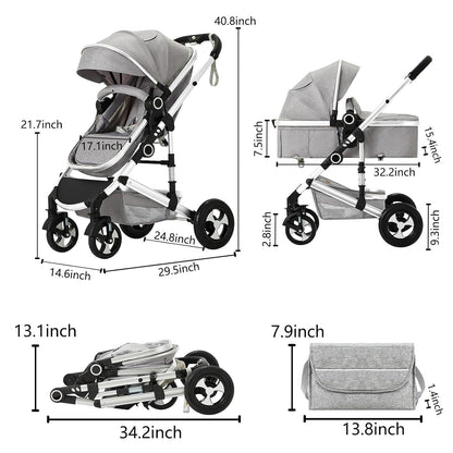 Kinder King 2 in 1 Convertible Baby Stroller, Folding High Landscape Infant Carriage, Newborn Reversible Pram, Adjustable Canopy, Diaper Bag, Pink
