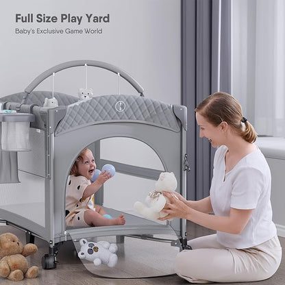 Obee Odee 4 in 1 Baby Bassinet, Pack and Play, Bedside Crib Sleeper, Diaper Changer - Comes with Mattress, Mosquito Net，Bottom Storage and Toy Bar for Newborn to Toddles