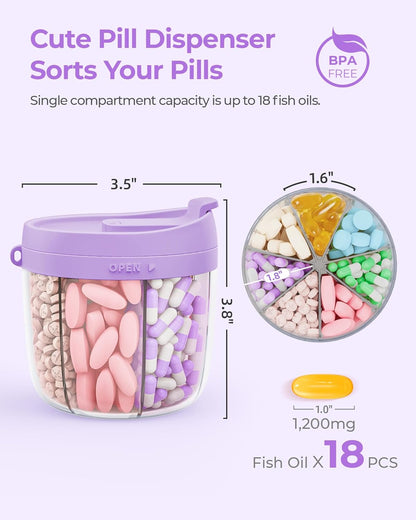 AMOOS Cute Pill Dispenser with 7 Compartments, Pill Bottle Organizer with Anti-Mix Design, Portable Pill Organizer for Travel with Wide Mouth for Easy Access, BPA-Free Patented Pill Container, Pink