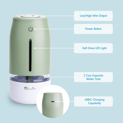 LivePure Cool Mist Humidifiers for Bedroom. Small Humidifier for Babies, Nursery, Plants, Office. Ultrasonic Cool Mist Humidifier w/Quiet Operation, USB-C Rechargeable. Rose Quartz