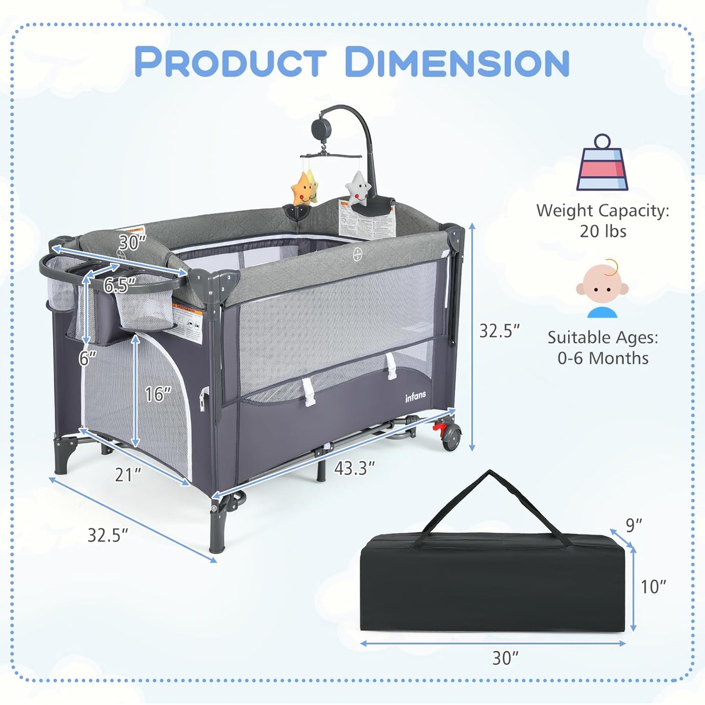 INFANS Pack and Play, 5 in 1 Baby Bedside Sleeper with Bassinet, Diaper Changer, Mattress, Carry Bag, Music Box Hanging Toys, Foldable Bedside Crib, Portable Playard for Newborn Toddlers (Gray)
