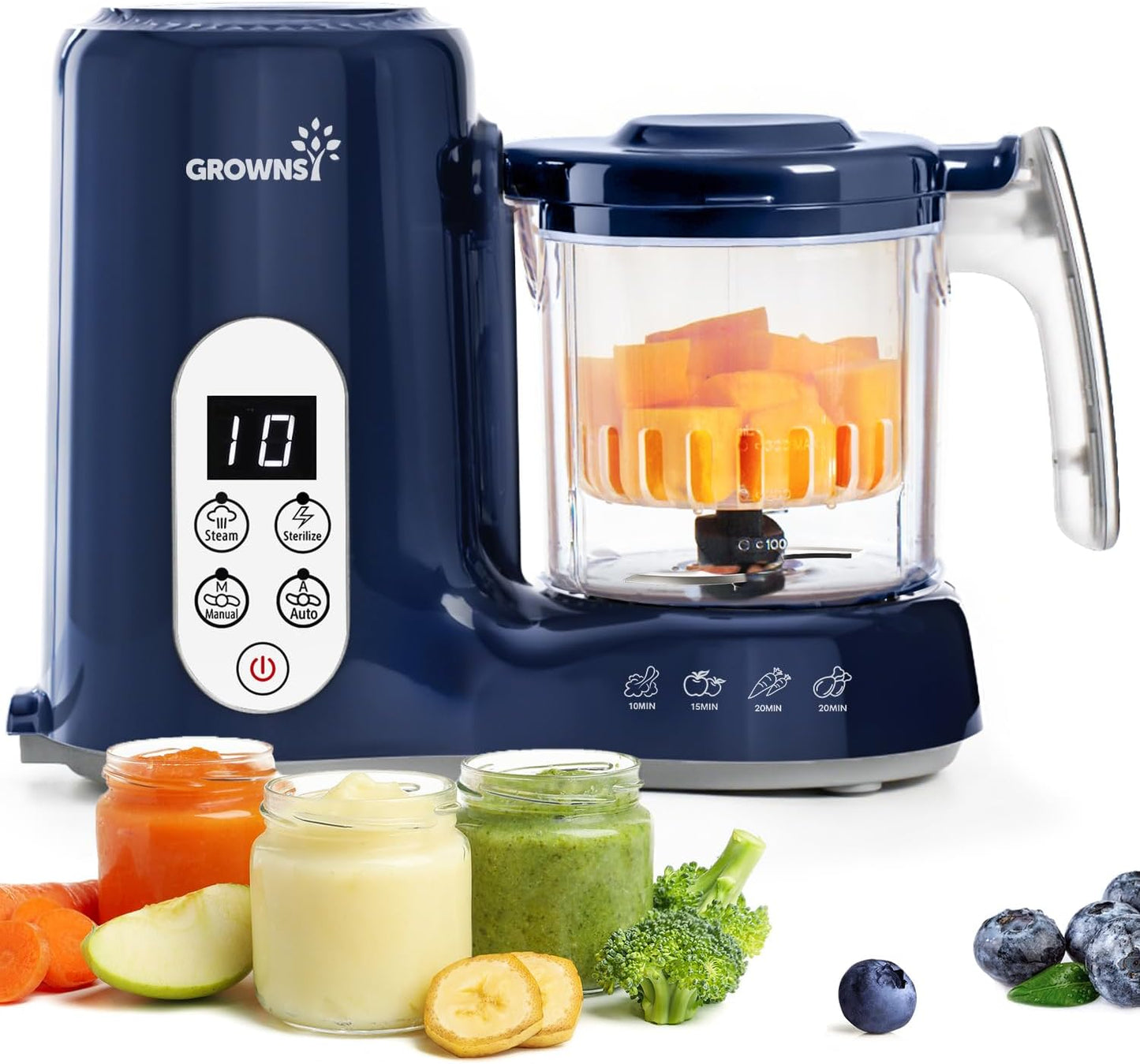 Grownsy Baby Food Maker with Steam Basket, One Step Baby Food Processor Steamer Puree Blender Grinder Mills Machine, Auto Cooking Grinding and Sterili-zing for Healthy Homemade Baby Food, Blue