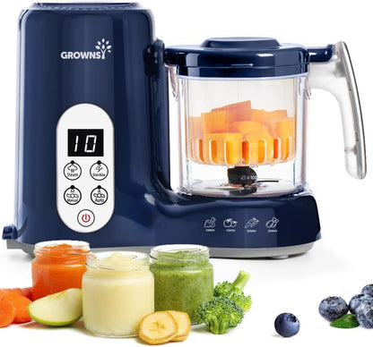 Grownsy Baby Food Maker with Steam Basket, One Step Baby Food Processor Steamer Puree Blender Grinder Mills Machine, Auto Cooking Grinding and Sterili-zing for Healthy Homemade Baby Food, Blue