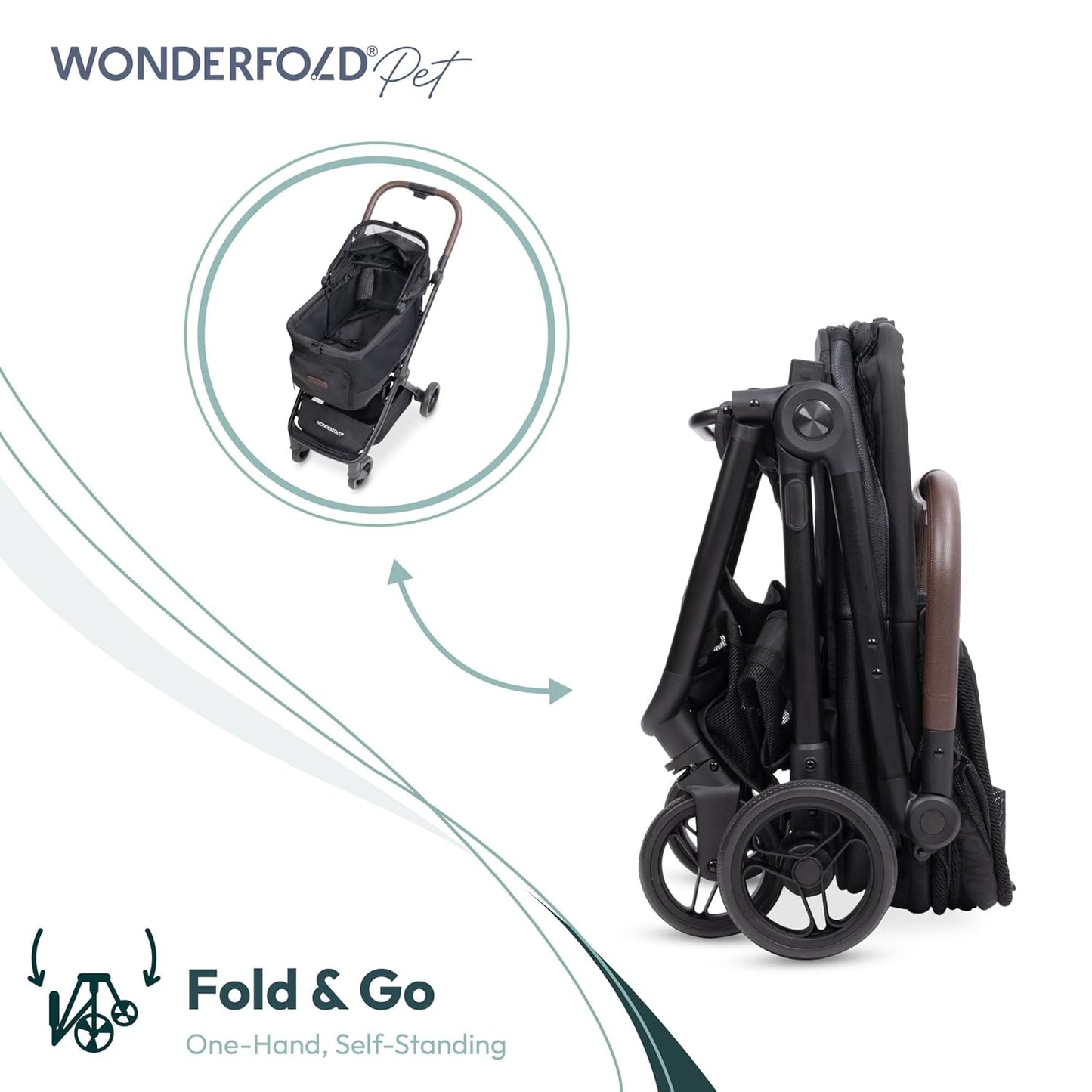 WonderFold Bella Pet Stroller - Autofold Design with Lightweight Aluminum Frame, Breathable Carriage Fabrics and Canopy, Safety Tethers & Easy-Clean Interior - Graphite Black