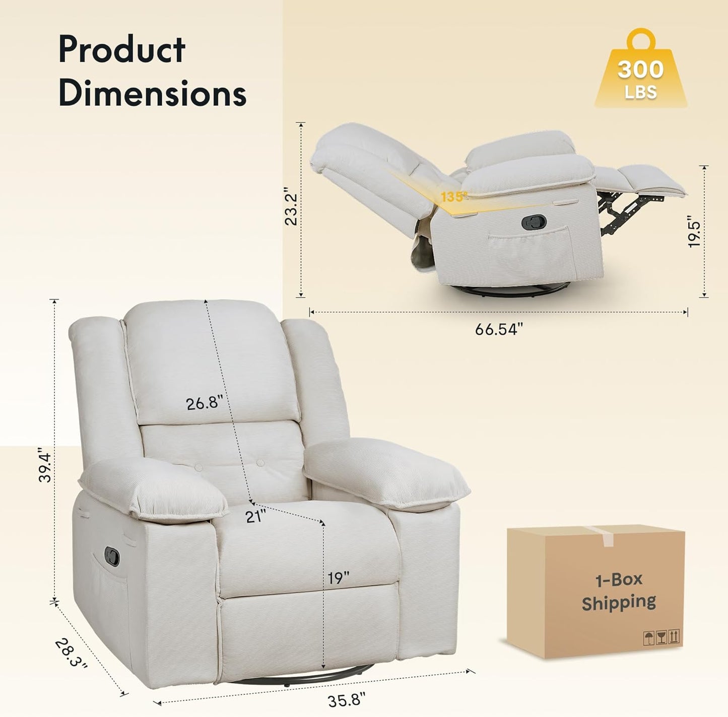 FLEXISPOT Swivel Rocker Recliner Chair for Adults, Massage Recliner Rocking Chair Nursery, 360° Swivel Nursery Glider for Living Room Bedroom, Beige (XRC2)