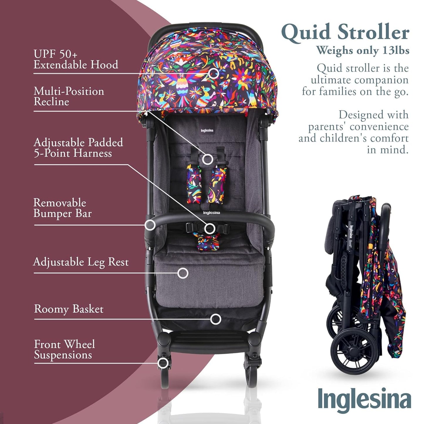 Inglesina Quid 2 Stroller - Midnight Blue - Ultra Compact Lightweight Travel Stroller, Babies and Toddlers, Airplane Overhead, Foldable, Reclining Seat, Collapsible Canopy, 3 Months - 50 lbs, BPA Free