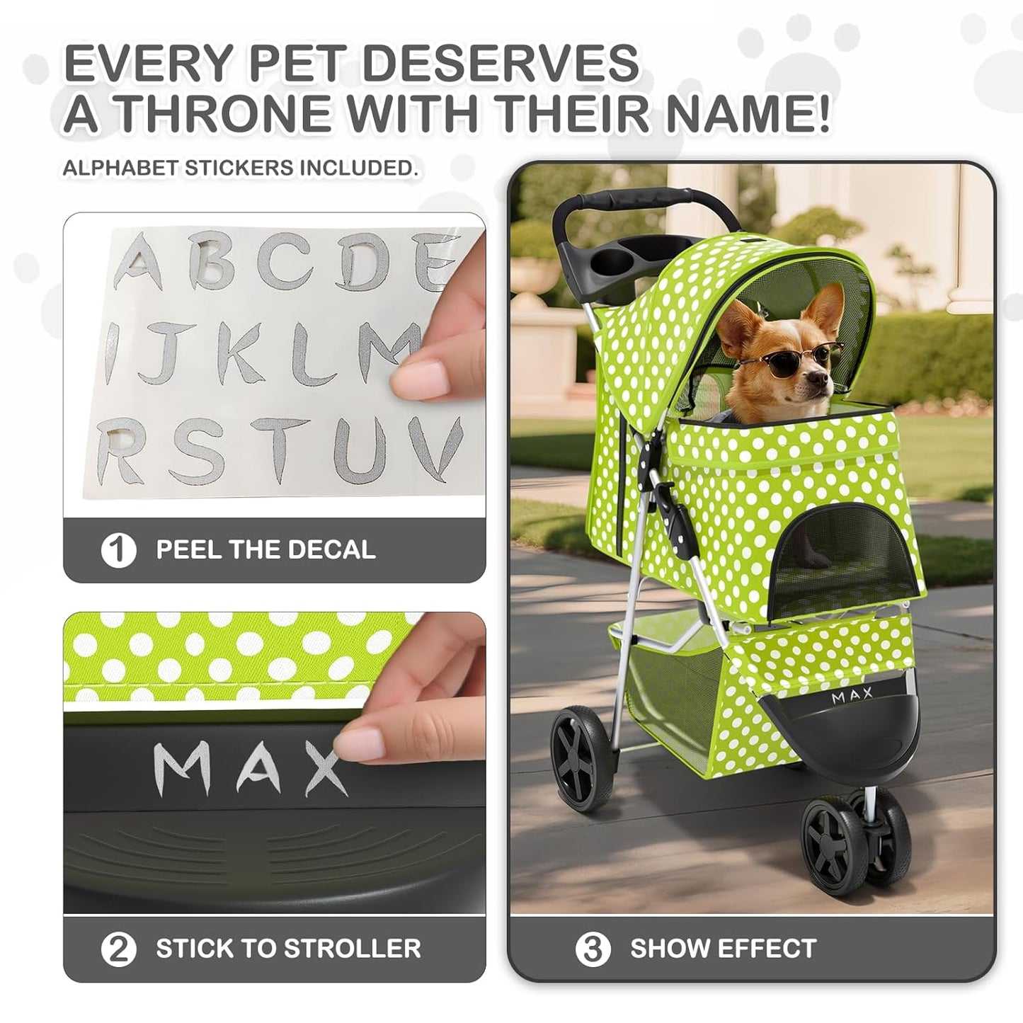 MoNiBloom Foldable Pet Stroller with Weather Cover, 3 Wheels Pet Strolling Cart for Small/Medium Dogs and Cats with Storage Basket and Cup Holder, Breathable and Visible Mesh for All-Season, Black