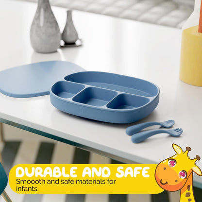 Toddler Necessities Baby Feeding Essentials Set for Baby in Green Color with Baby plates with Suction and Silicone Utensil Set - (3 Pieces)