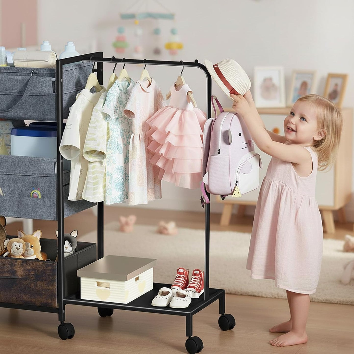 Baby Diaper Caddy Organizer - 3 Tier Rolling Cart with Kids Clothing Rack, Mobile Utility Cart with Dividers and Drawers, Large Capacity Storage Cart for Bedroom, Bathroom, Carts with Wheels