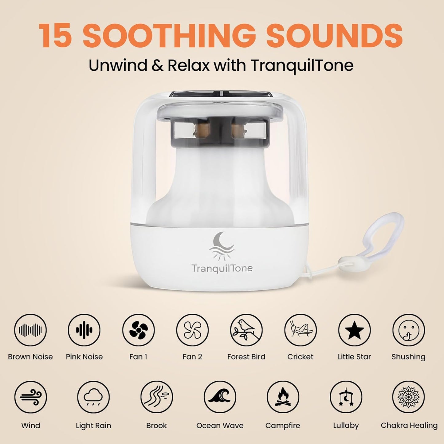 Mini Sleep Sound Machine for Baby, Kids & Adults – 15 Calming Sounds, Soft Night Light, USB-C Rechargeable (10+ hrs), Timer – Portable Travel White Noise Machine by TranquilTone