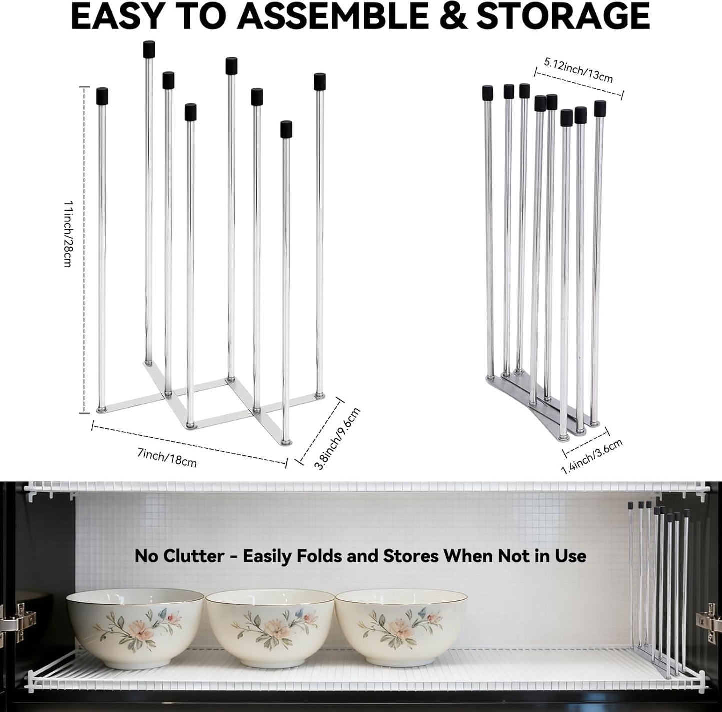 Foldable Baby Bottle Drying Rack – 8-Pole Collapsible Bottle Organizer, suitable for cups, silicone bags, and kitchen waste bags – Space-Saving Countertop Dryer for Home & Travel (Silver)