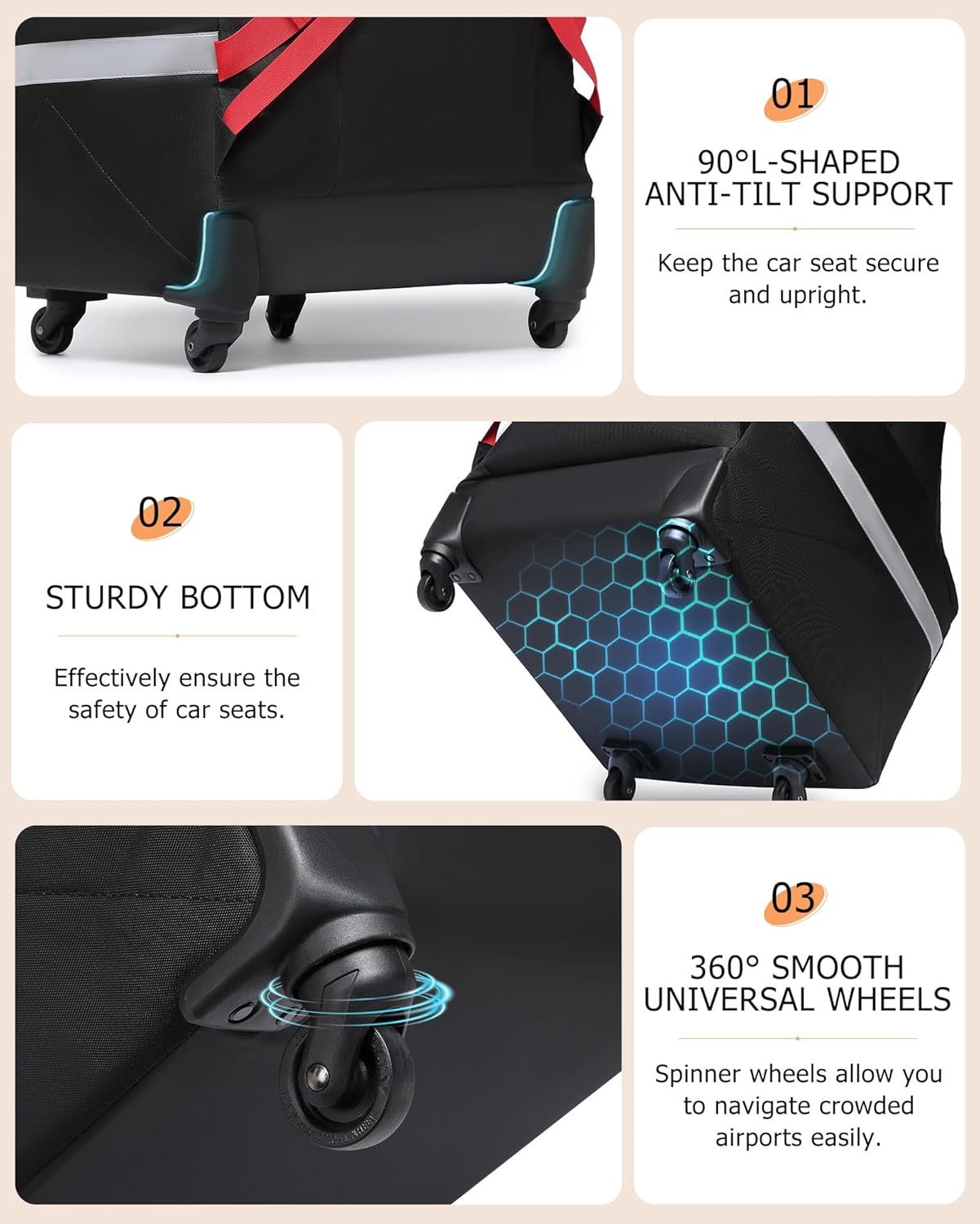 MCBD Car Seat Travel Bag for Airplane, Foldable Baby Carseat Backpack for Travel Padded Carseat Carrier for Airport Gate Check, Infant Stroller Cover with Reflective Strips