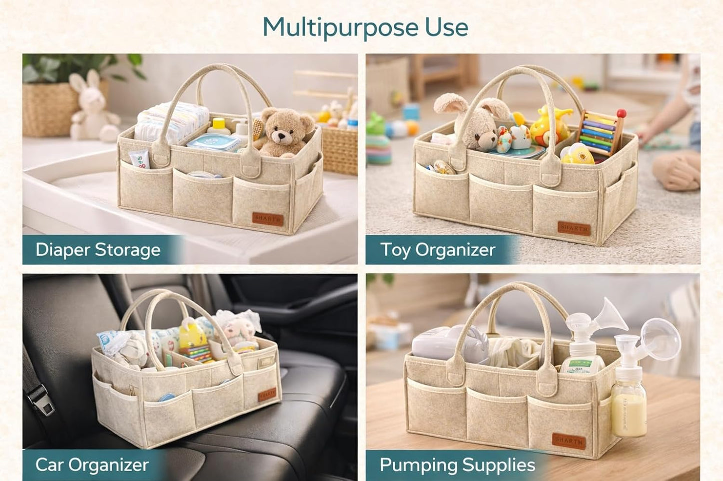 Sharth Baby Diaper Caddy Organizer with Handle, Baby Shower Gifts Basket Bag, Registry Search Must Haves Items, Nursery Storage Organizer for Newborn Girl Boy, Car Diaper Caddy (Gray)