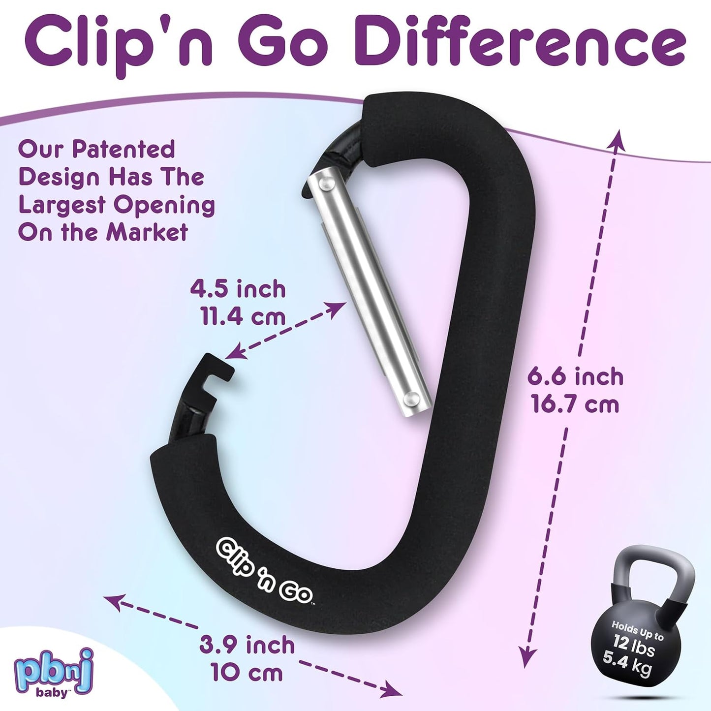 PBnJ baby Stroller Hooks for Hanging Diaper Bags - Mommy Stroller Clip and Stroller Accessories Organizer Hook - Large Carabiner Clips for Mom Purse Shopping Grocery Bag and Accessory - (1 Pack)