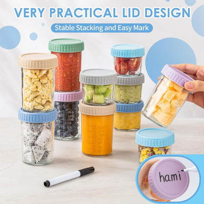 DRKIO 12 Pack Glass Baby Food Storage Containers - 4 Oz Baby Food Jars with Lids Baby Food Maker Microwave Dishwasher Freezer Safe 100% Leak Proof BPA Free Reusable