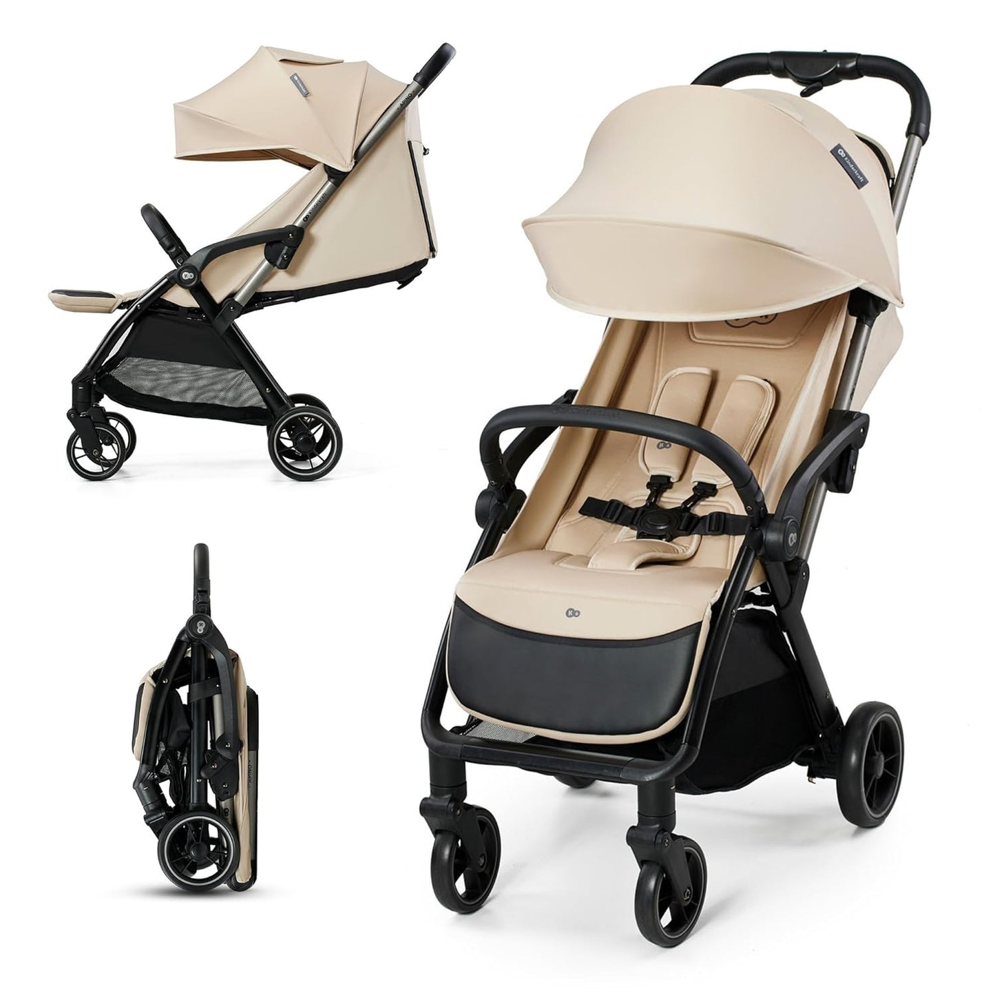 Kinderkraft APINO Lightweight Auto Folding Stroller, Compact Travel Baby Stroller for Newborn to Toddler, Reclining Seat, 5-Point Harness, Black