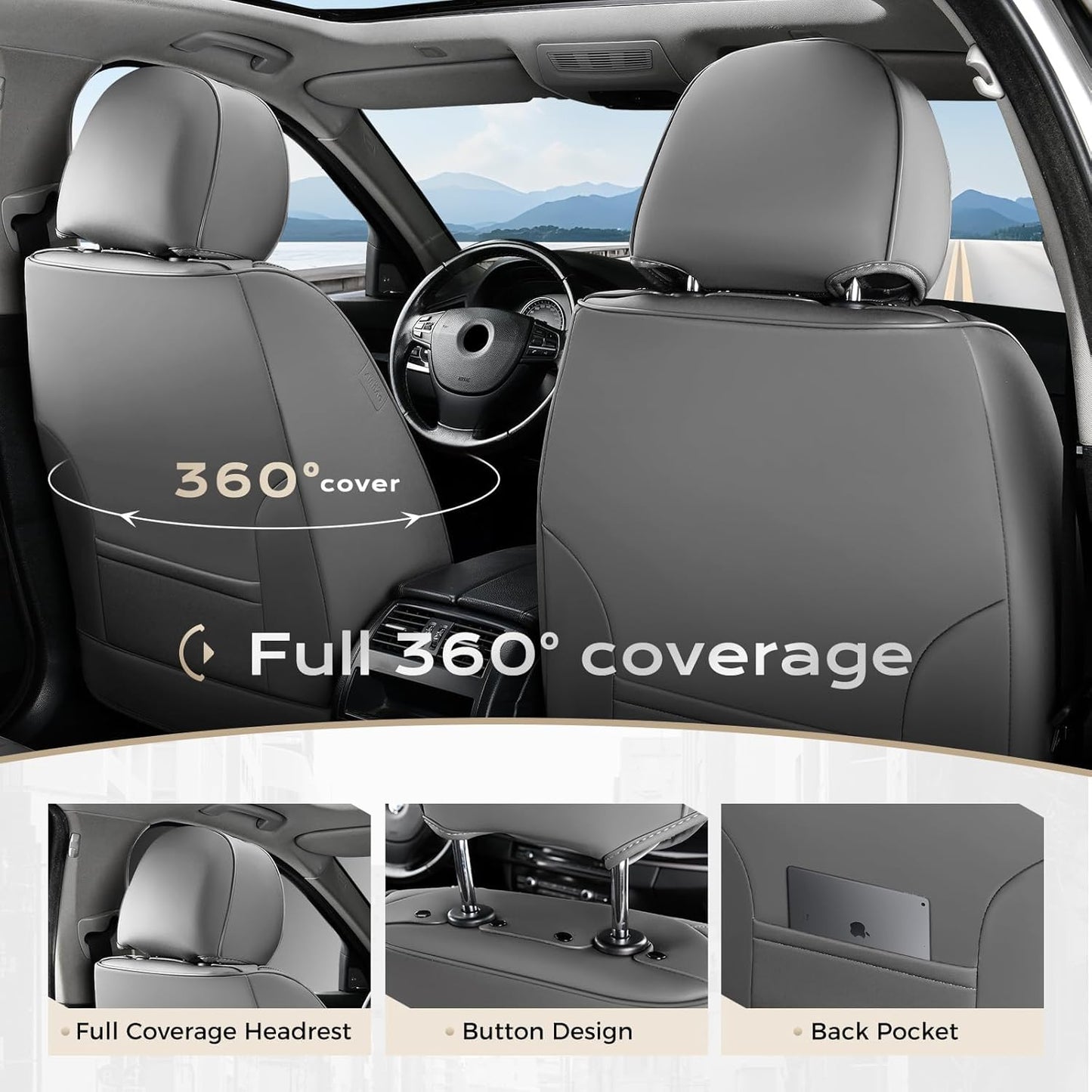 Coverado Leather Seat Covers for Car, Waterproof Car Seat Covers Full Set, 2 in 1 Conversions Car Seat Cover Protector Car Accessories Universal Fit for Most Cars SUVs and Trucks Beige