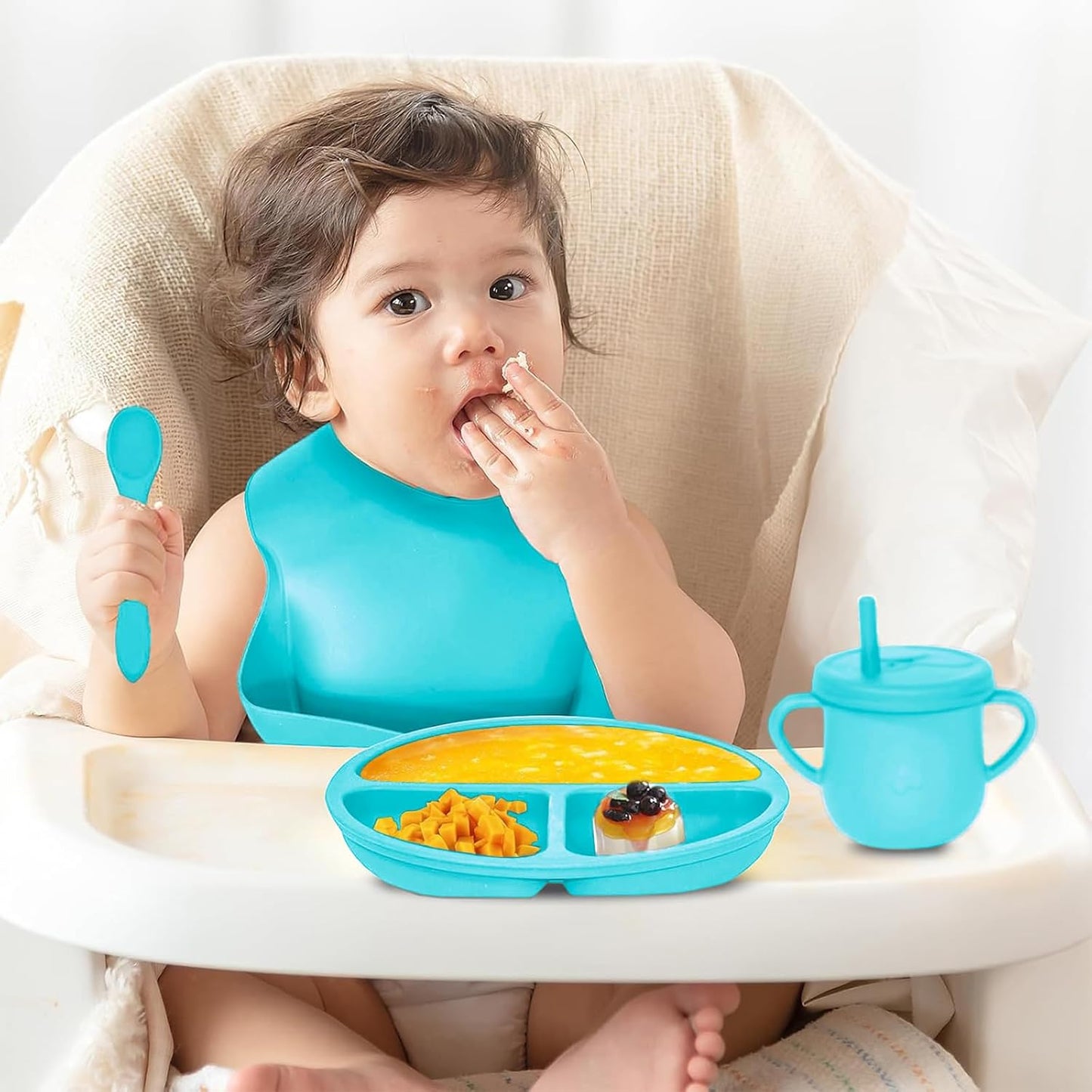 100% Silicone Baby Feeding Set, BPA Free Baby Dishes with Suction Bowl, Divided Plate, Toddler Self Feeding Dish Set with Spoons, Forks, Sippy Cup and Bib, Baby Eating Utensils (Navy Blue)