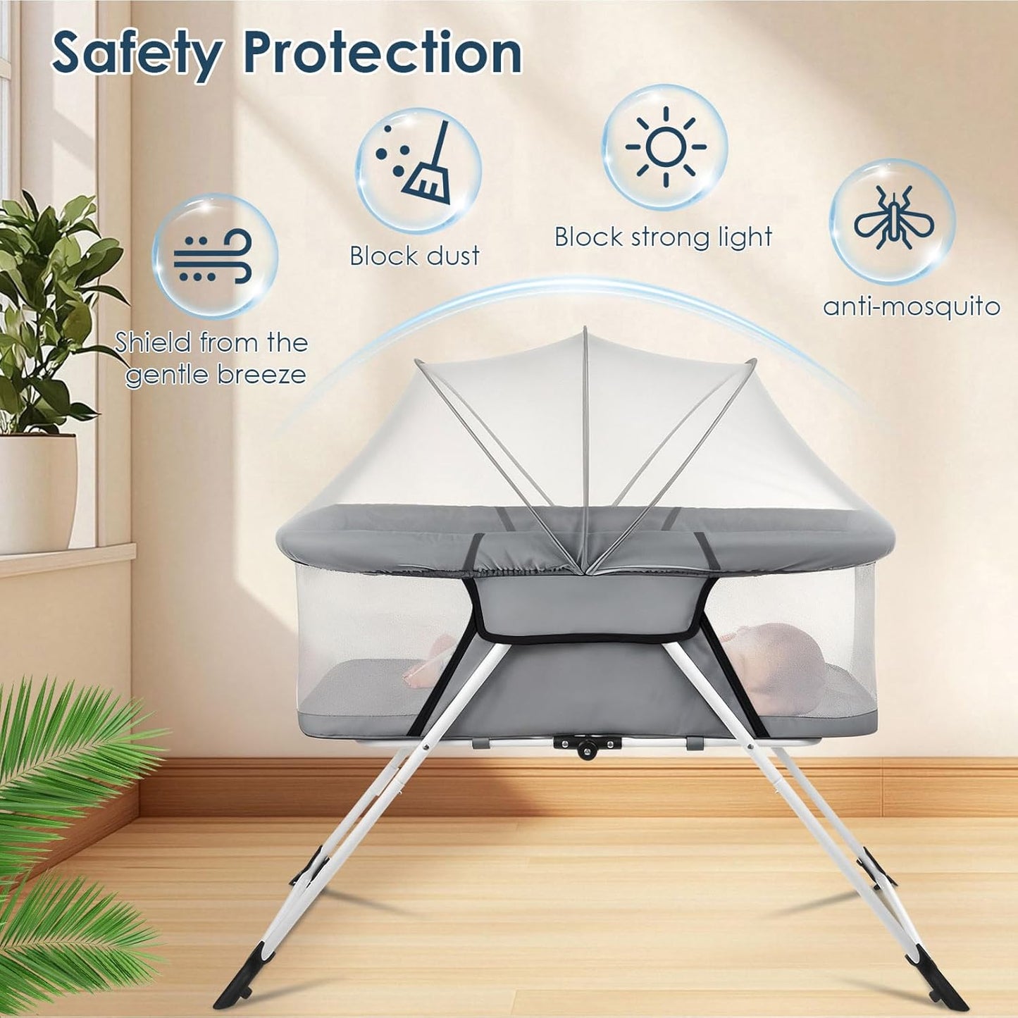 Portable Baby Bassinet - Foldable Bedside Bassinet, Lightweight Playpen with Mosquito Net, 42.5 x 40.2 x 20.8 inches, Black