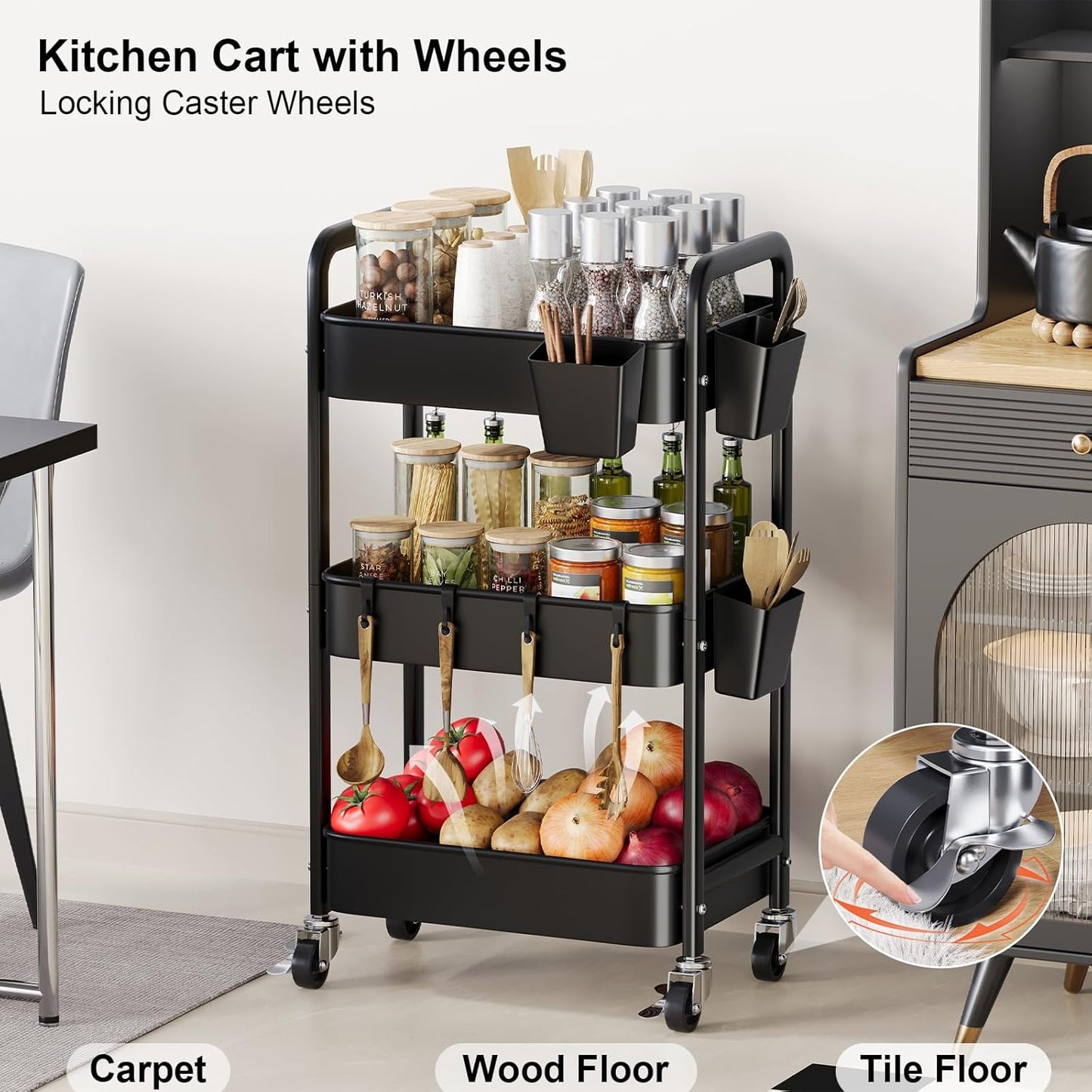 Beige 3 Tier Rolling Cart Metal on Wheels, Three Tiered Storage Organizer Utility Trolley with Wheels for Art, Craft, Baby Diaper Caddy, Snack, Book, Nail, Lash, Cleaning Supplies, Kitchen, Bathroom