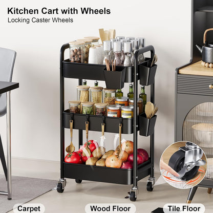 Beige 3 Tier Rolling Cart Metal on Wheels, Three Tiered Storage Organizer Utility Trolley with Wheels for Art, Craft, Baby Diaper Caddy, Snack, Book, Nail, Lash, Cleaning Supplies, Kitchen, Bathroom