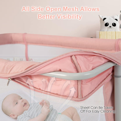 INFANS 3 in 1 Baby Bassinet, Bedside Sleeper for Newborn, Folding Crib with Mattress, Travel Bag, Wheels, 4-Sided Mesh, Easy to Assemble Cradle Co Sleeper Stationary, Rock (Dark Grey)