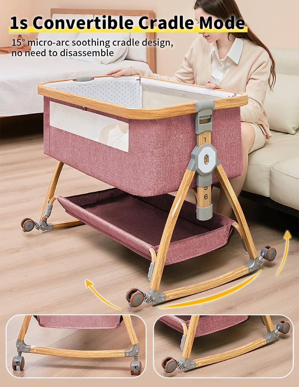 Baby Bassinet, Bedside Bassinet for Baby, 4 in 1 Portable Bassinet Bedside Sleeper with Wheels Mosquito Net & Storage Basket, 6 Height Adjustable Rocking Bassinet for Newborn Baby