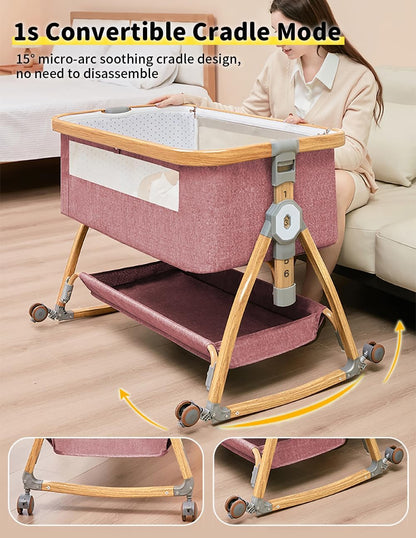 Baby Bassinet, Bedside Bassinet for Baby, 4 in 1 Portable Bassinet Bedside Sleeper with Wheels Mosquito Net & Storage Basket, 6 Height Adjustable Rocking Bassinet for Newborn Baby