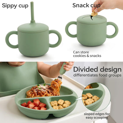 Bufims Silicone Baby Feeding Set, Baby Led Weaning Supplies, Eating Essentials Utensils with Suction Plate and Bowl, Pocket Bib, Sippy Cup with Lid, Forks Spoons Snack Container, for 6+ Months, Green