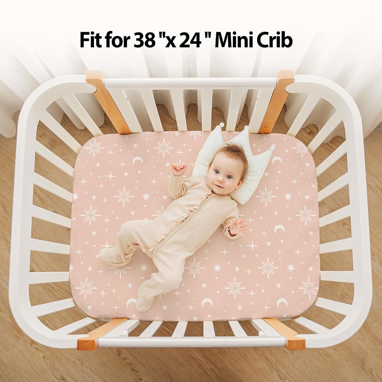 Baby Mini Crib Sheets Girl, Portable 38”x26” Pack and Play Sheets Fitted for Playard and Pack N Play Mattress, 3-Pack Soft Microfiber Pink Rainbow