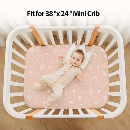 Baby Mini Crib Sheets Girl, Portable 38”x26” Pack and Play Sheets Fitted for Playard and Pack N Play Mattress, 3-Pack Soft Microfiber Pink Rainbow