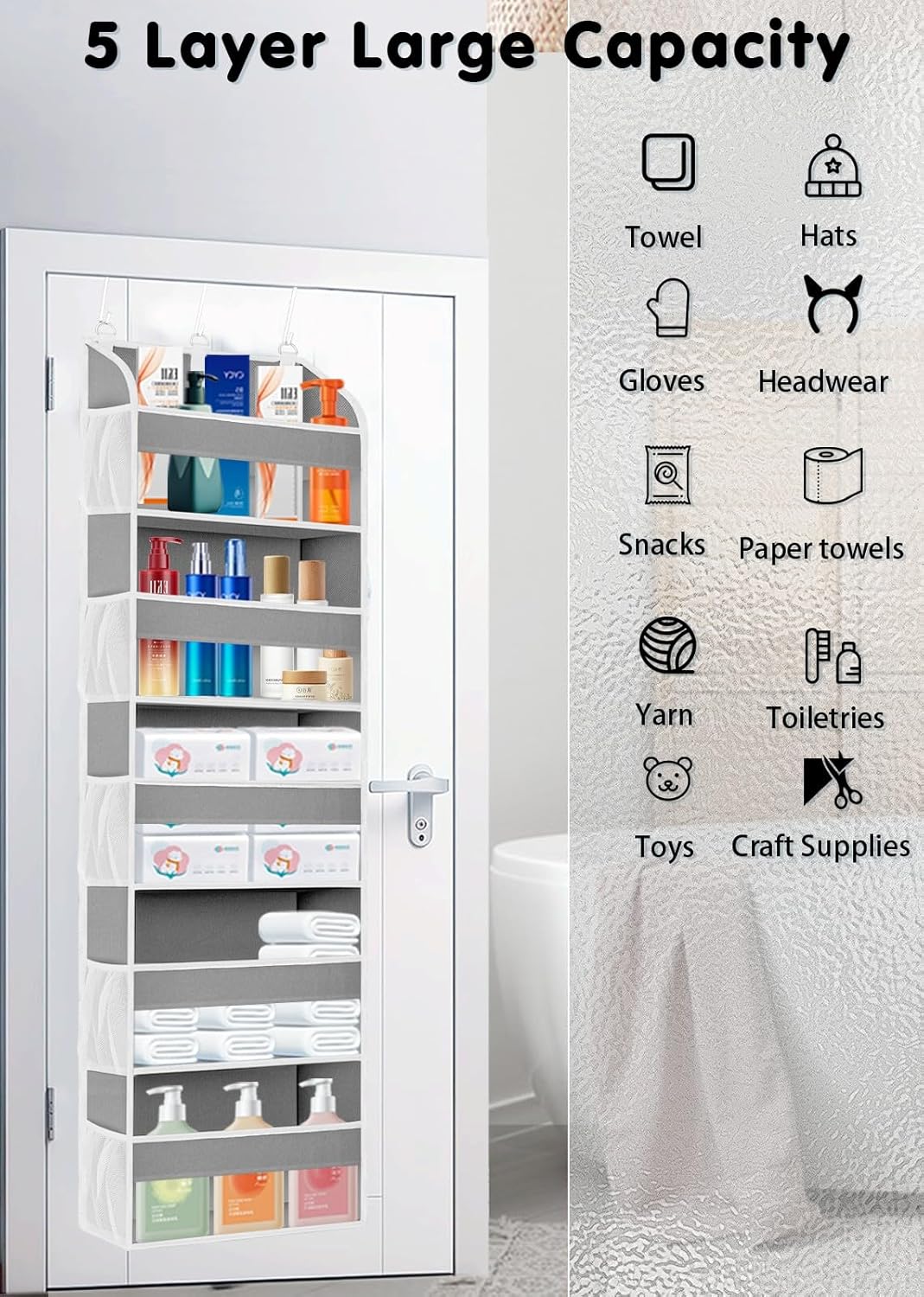 TAHAVICE 1 Pack Over The Door Organizer Storage, Hanging Organizer Closet with 5 Large Pockets 10 Mesh Pockets, 44 lbs Weight Capacity, Behind Door Storage for Nursery Bedroom Bathroom (Dark Grey)