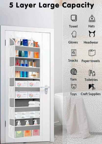 TAHAVICE 1 Pack Over The Door Organizer Storage, Hanging Organizer Closet with 5 Large Pockets 10 Mesh Pockets, 44 lbs Weight Capacity, Behind Door Storage for Nursery Bedroom Bathroom (Dark Grey)