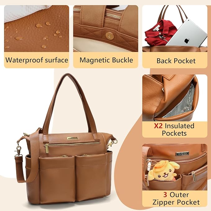 miss fong Diaper Bag Tote Leather Diaper Bag Backpack Pañaleras Para Bebe with 11 Pockets,Leather Diaper Tote with Diaper Changing Pad, Baby Bag for Moms Mommy Bag for Women