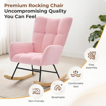 DUMOS Nursery Rocking Chair Teddy Upholstered, Comfy Glider Rocker with High Backrest Armchair Padded Seat, Accent Side Chair for Living Room Bedroom Offices Small Spaces Indoor, Beige